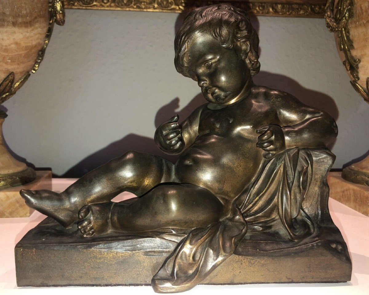 Large Leaning Putto In Bronze With Anonymous Medal Patina H. 21 Cm-photo-8