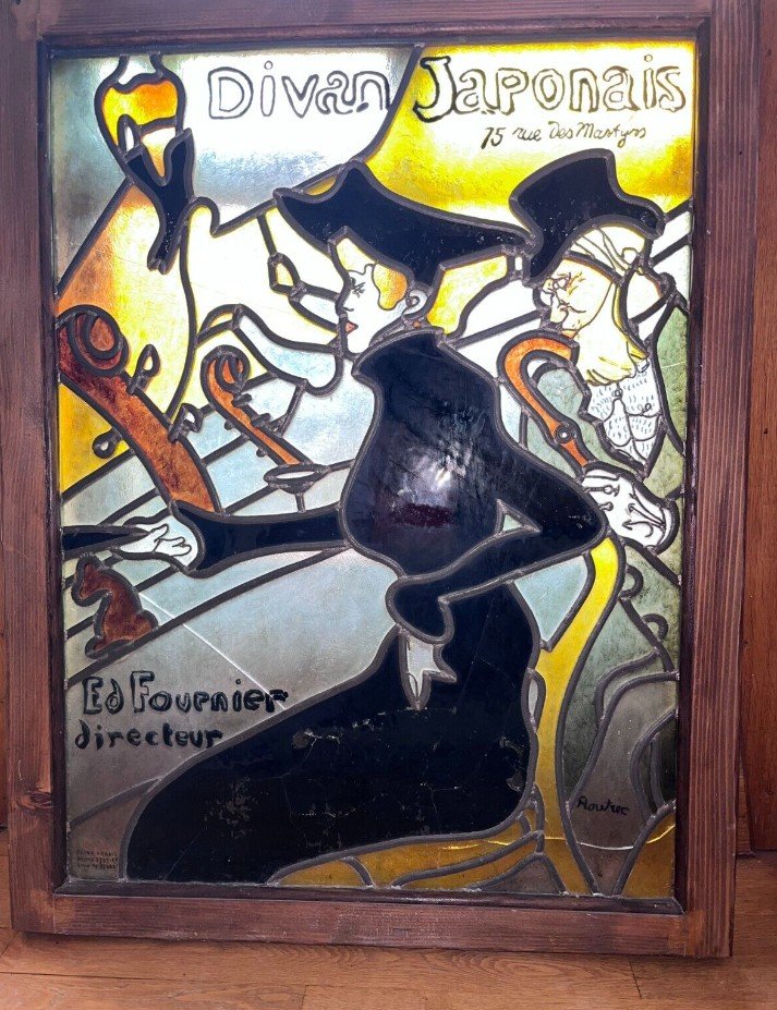 Toulouse Lautrec Large Art Nouveau Stained Glass Window The Japanese Divan H. 90 X L. 70 Cm-photo-2