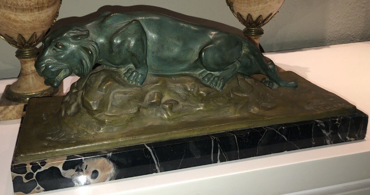 Favede R Large (52cm) Panther In Green Regulates On Marble Base Signed-photo-3