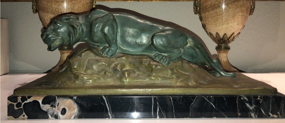 Favede R Large (52cm) Panther In Green Regulates On Marble Base Signed