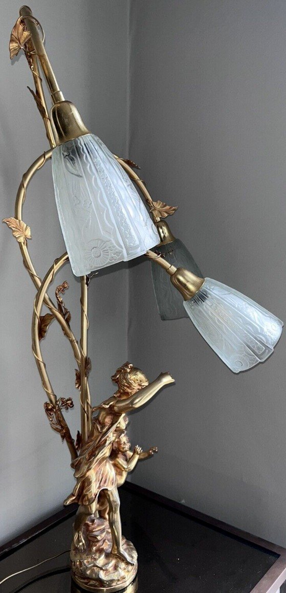 Ferville Suan (1847-1925) Lamp In Bronze Gilt Metal With 3 Lights Signed H80cm-photo-5