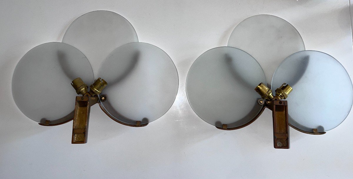 Art Deco Sconces In Golden Metal And Three  Glass Plates (perzel Style)-photo-3