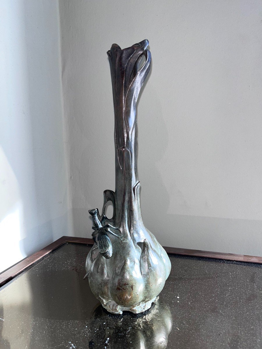 Louis-eugène Maurel (1880-1941) & Goldscheider Bronze Vase, Praying Mantis Signed-photo-2