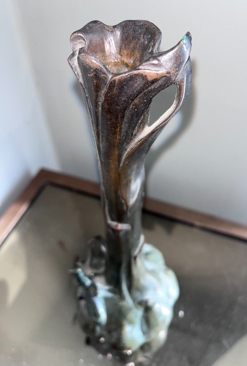 Louis-eugène Maurel (1880-1941) & Goldscheider Bronze Vase, Praying Mantis Signed-photo-4