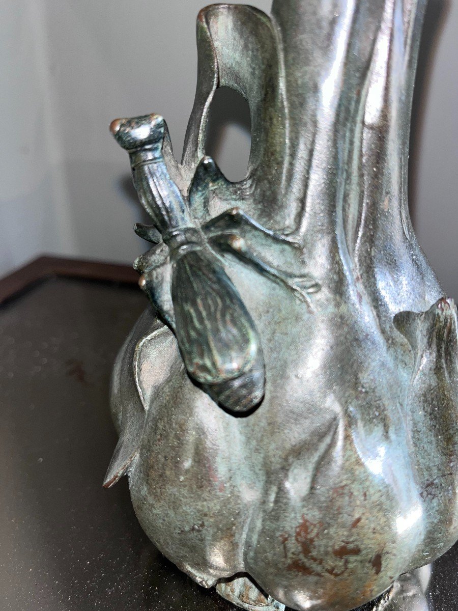 Louis-eugène Maurel (1880-1941) & Goldscheider Bronze Vase, Praying Mantis Signed-photo-5