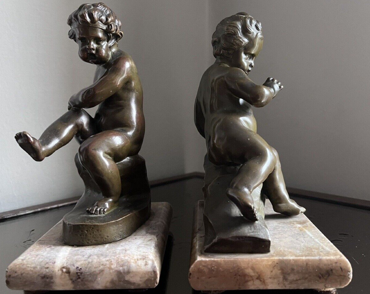 After Auguste Delafontaine (1813-1892) Pair Of Putti Bookends In Patinated Bronze -photo-2