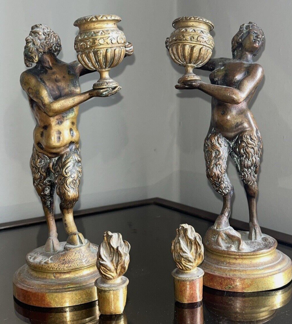 Paire Statues/bougeoirs XIXème ( Complets ) Bronze Doré Couple De Faunes/satyres-photo-2