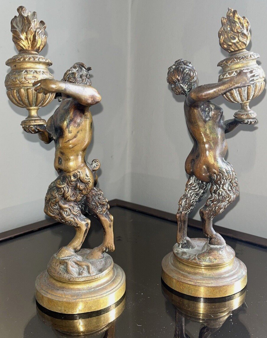 Paire Statues/bougeoirs XIXème ( Complets ) Bronze Doré Couple De Faunes/satyres-photo-4