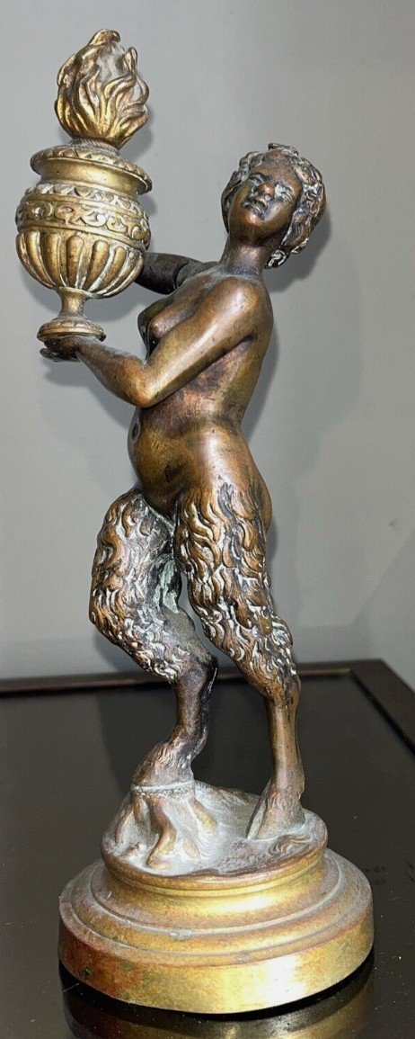 Paire Statues/bougeoirs XIXème ( Complets ) Bronze Doré Couple De Faunes/satyres-photo-1