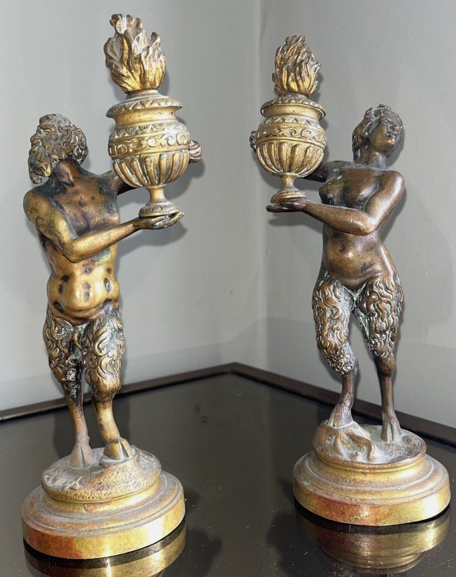 Paire Statues/bougeoirs XIXème ( Complets ) Bronze Doré Couple De Faunes/satyres