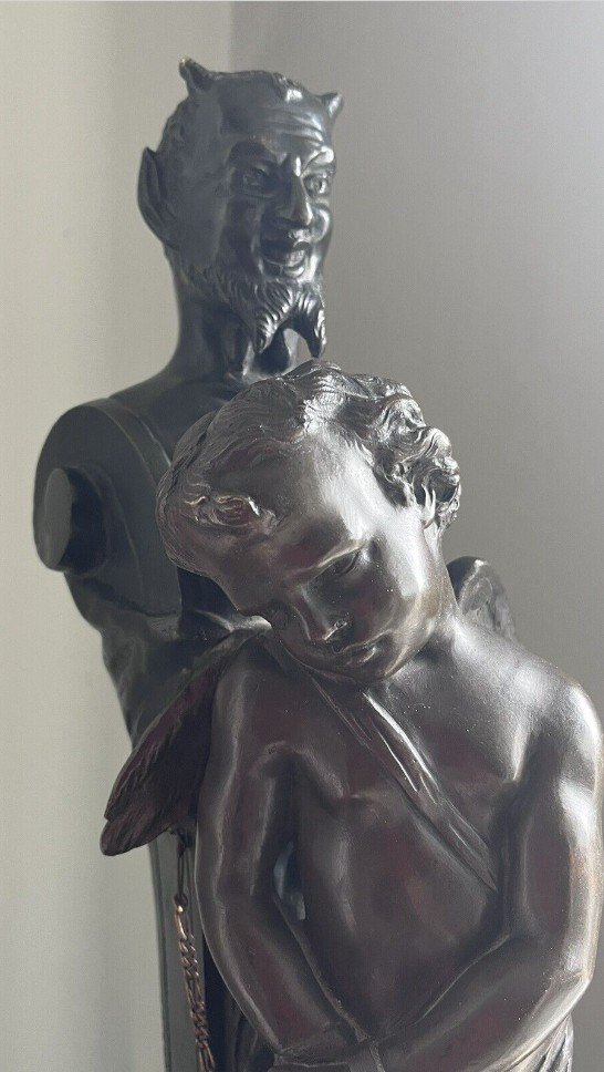 Edouard Drouot (1859-1945).grand Bronze Signé Satyre & Ange   "l'amour Enchaîné"-photo-4