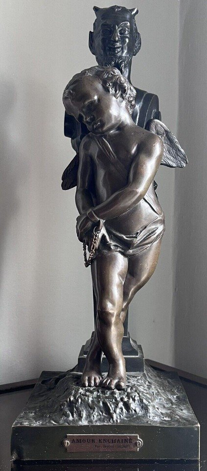 Edouard Drouot (1859-1945).grand Bronze Signé Satyre & Ange   "l'amour Enchaîné"