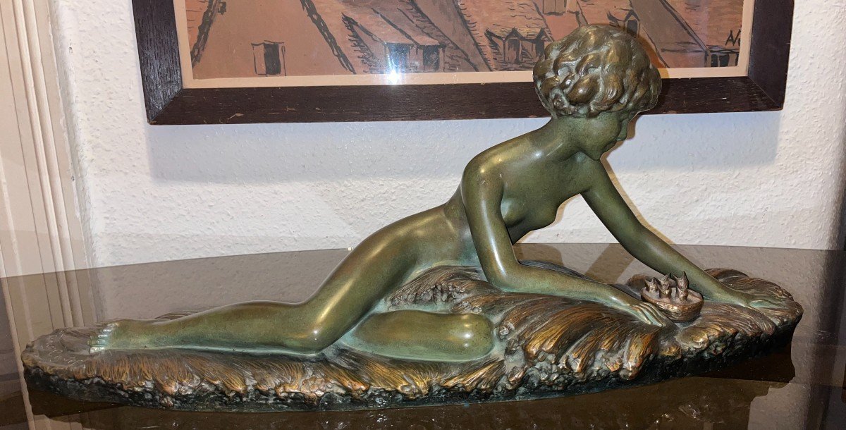 Georges COSTES (xxème) & ETLING Paris , Bronze Art Déco, Femme Allongée Au Nid  Longueur 70cm-photo-2