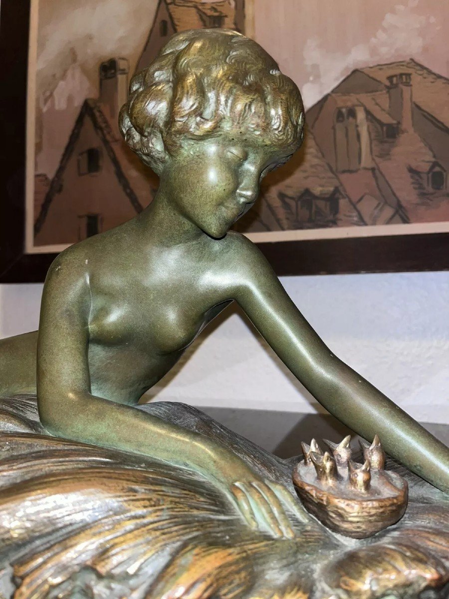 Georges COSTES (xxème) & ETLING Paris , Bronze Art Déco, Femme Allongée Au Nid  Longueur 70cm-photo-4