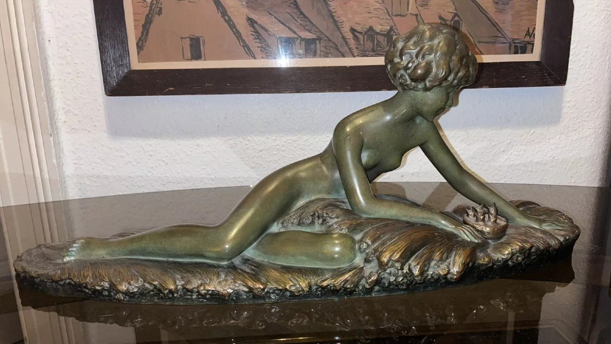 Georges COSTES (xxème) & ETLING Paris , Bronze Art Déco, Femme Allongée Au Nid  Longueur 70cm-photo-5