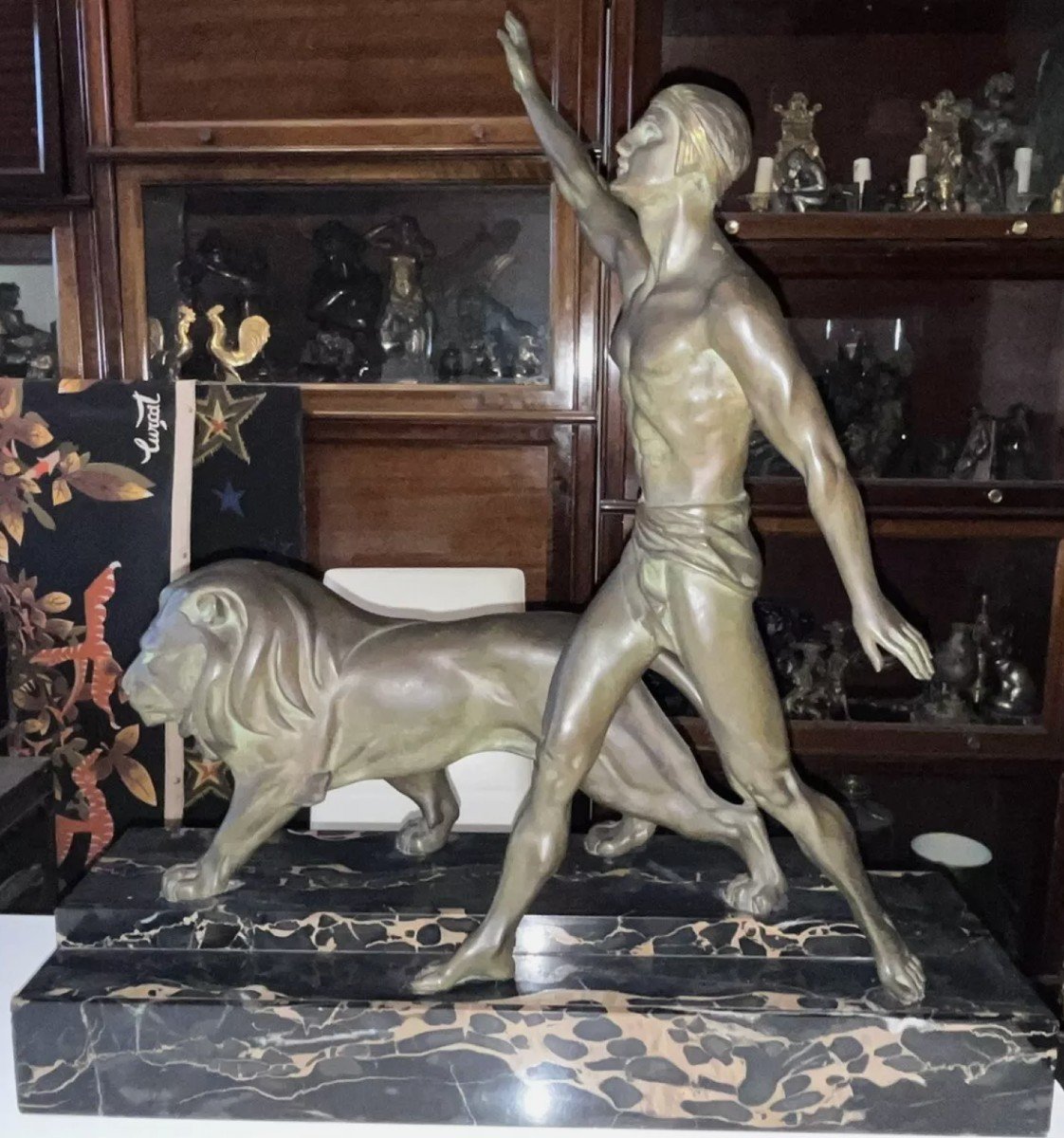 Daverny G (20th) Stylized Lion Trainer 1930 Important Art Deco Bronze Sculpture 74cm-photo-2