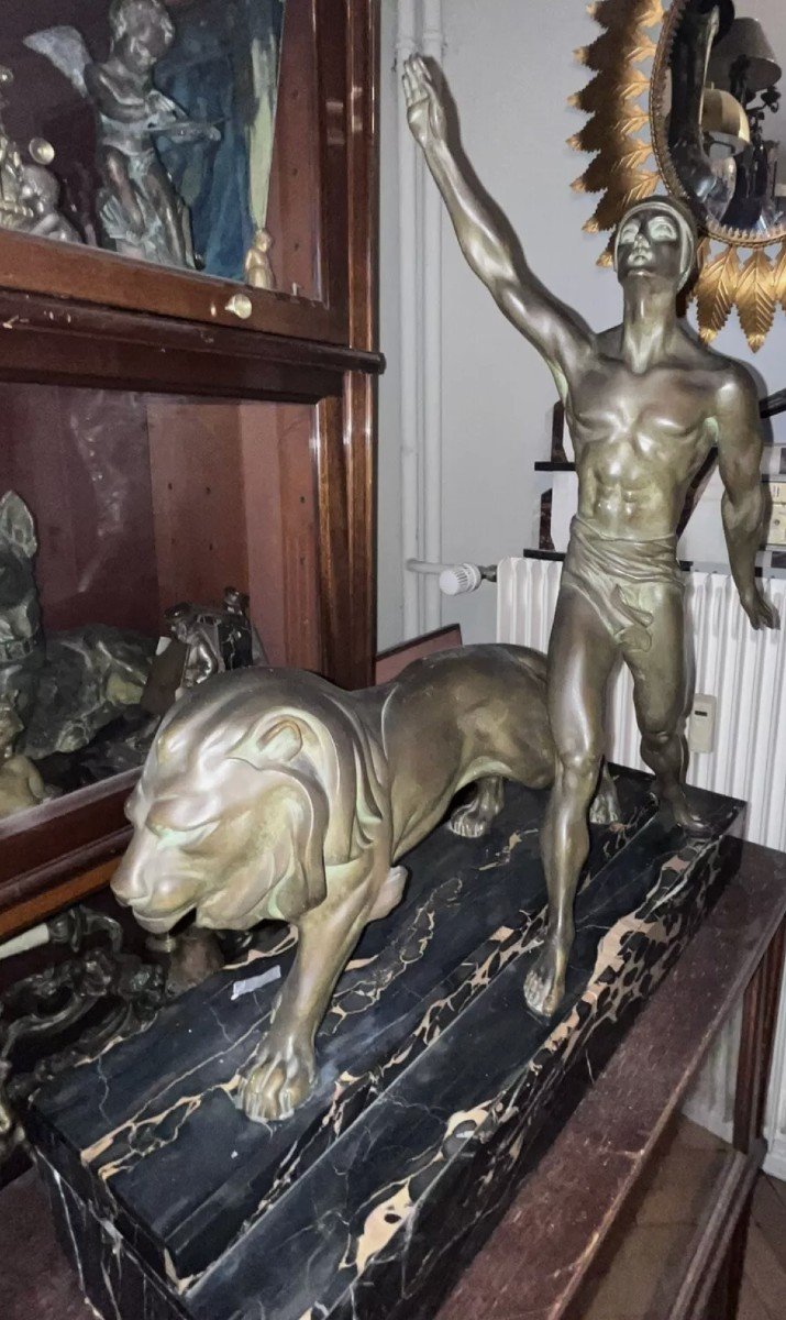 Daverny G (20th) Stylized Lion Trainer 1930 Important Art Deco Bronze Sculpture 74cm-photo-3