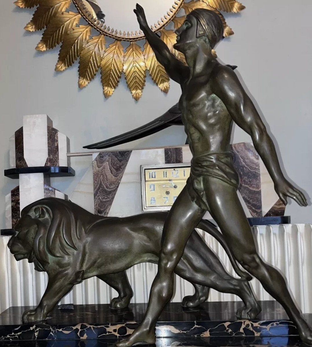 Daverny G (20th) Stylized Lion Trainer 1930 Important Art Deco Bronze Sculpture 74cm-photo-3