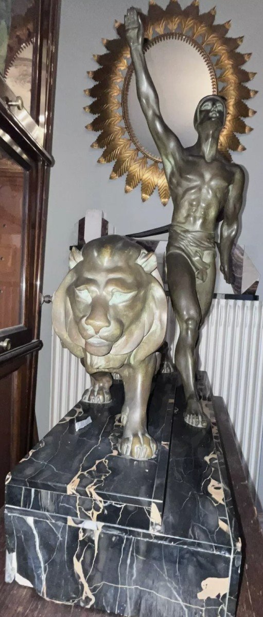 Daverny G (20th) Stylized Lion Trainer 1930 Important Art Deco Bronze Sculpture 74cm-photo-5