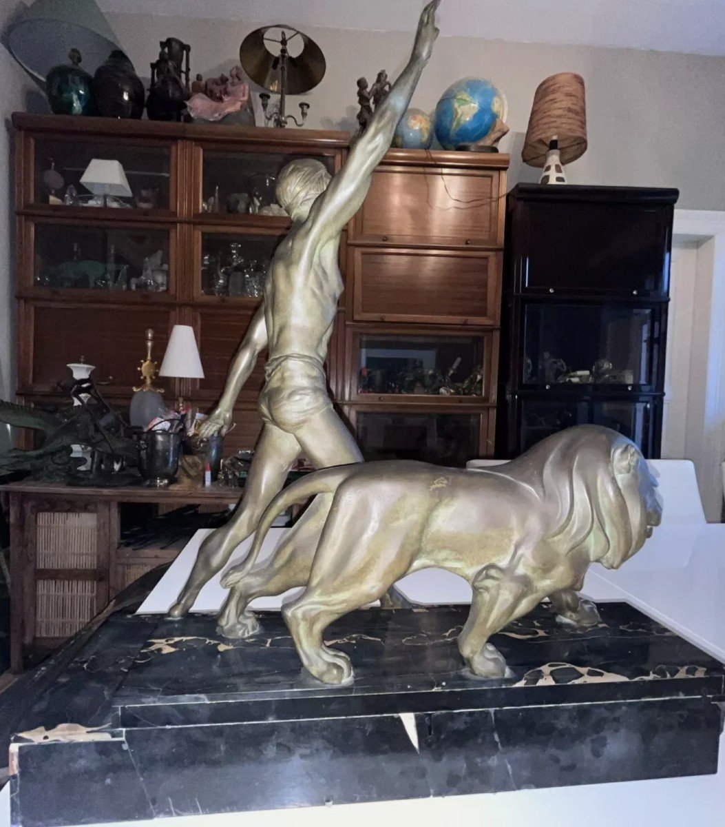 Daverny G (20th) Stylized Lion Trainer 1930 Important Art Deco Bronze Sculpture 74cm-photo-7