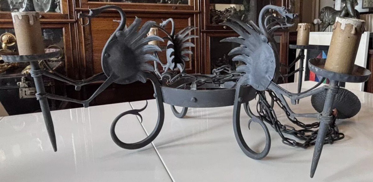 Alessandro Mazzucotelli (1865-1938) (attributed To) Dragons Wrought Iron Chandelier-photo-3