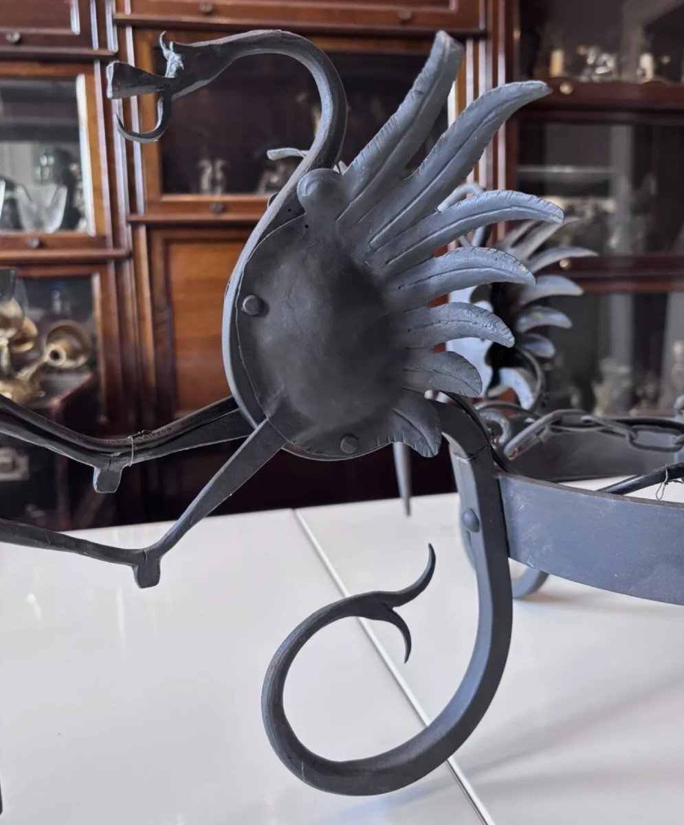 Alessandro Mazzucotelli (1865-1938) (attributed To) Dragons Wrought Iron Chandelier-photo-3