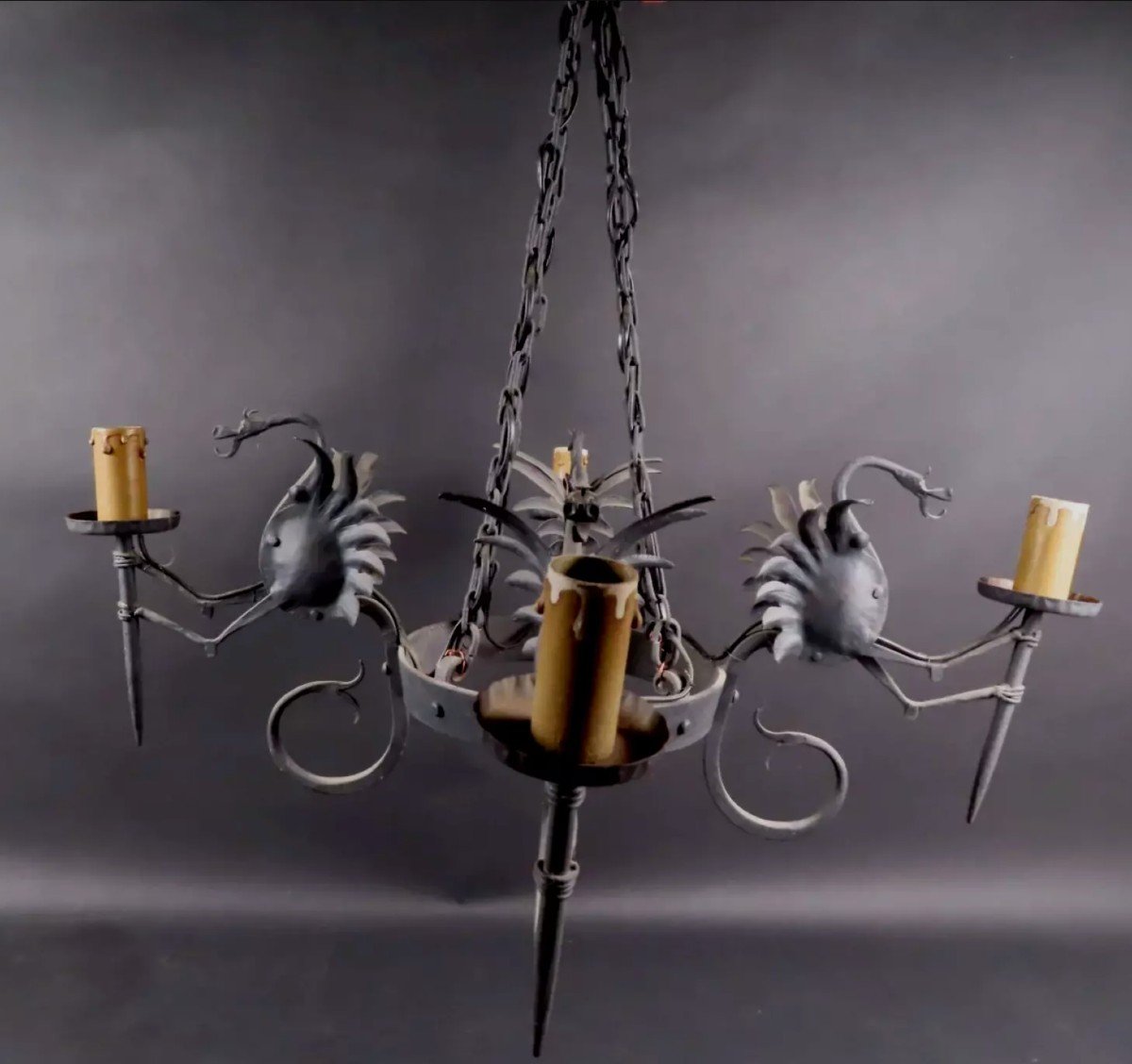 Alessandro Mazzucotelli (1865-1938) (attributed To) Dragons Wrought Iron Chandelier-photo-7