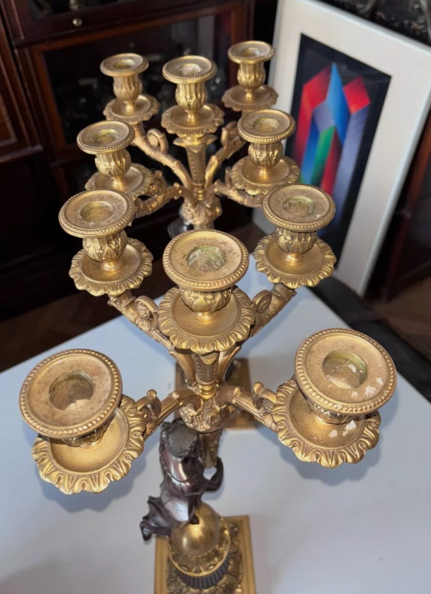Empire Style Double Patina Bronze Candelabra, Five Candles. H 62cm-photo-6