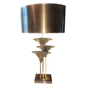 Maison Charles, Thebes Model Lamp Decorated With Three Papyrus Leaves In Gilt Bronze Signed