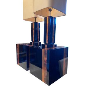 Maison Jansen Set Of Lamps And Sofa Ends In Lacquered Wood And Copper Slats Circa 70