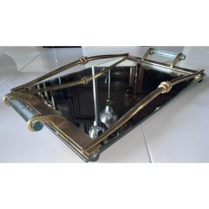 Prou René (1889-1947) Serving Tray In Gilt Bronze And Mirror Art Deco Period