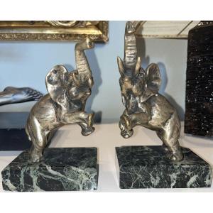 Louis FONTINELLE ( 1886-1964 ) Paire De Serre Livres Aux éléphants En Bronze Sur Marbre  Signés