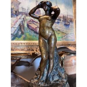 Laethier Georges (1875-1955) Bronze Sculpture With Double Patina "naiade" Signed