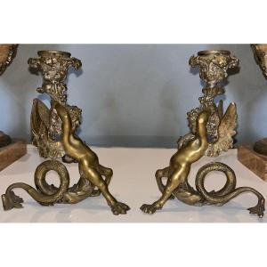 Pandiani Antonio (1838-1928) Rare Pair Of Signed Gilt Bronze Candlesticks