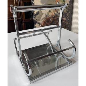 Adnet Jacques (1900-1984) Modernist Bottle Holder In Chromed Metal, Mirror And Rosewood