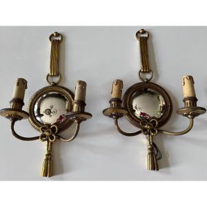 Petitot (1914-1938) Pair Of Witch Mirror Wall Lamps In Gilt Bronze. Signed