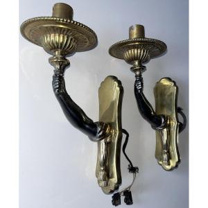 Maison Bagues Pair Of Bronze Sconces In The Shape Of Outstretched Nubian Arms