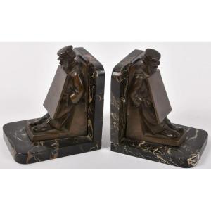 Beal Georges (1884-1969) Bronze Bookends With Poster Show Decor Signed