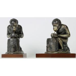 Rabier Benjamin Pair Of Bookends In Silver Regulates On Wood Base, Monkeys With Coconut