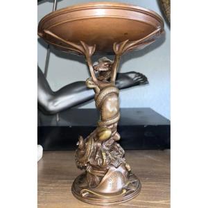 Davin Auguste (1866-1937) Patinated Bronze Cup, Dragon Fighting A Serpent Art Nouveau