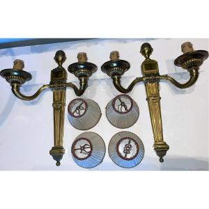 Maison Charles  Pair Of Sconces Model Pilaster Godrons In Gilt Bronze With Two Arms Signed
