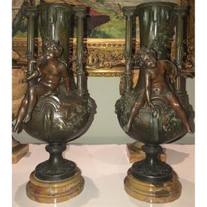 Moreau L&f. Pair Of Large Vases In Regulates, Decor In The Round Of Cherubs Signed