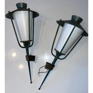 Arlus & Mategot Pair Of Lantern Sconces From The 1950s H 45cm