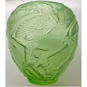 Vase Decorated With Archers And Eagles, In Pressed Molded Ouraline Glass Height 25cm