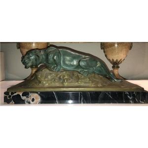 Favede R Large (52cm) Panther In Green Regulates On Marble Base Signed