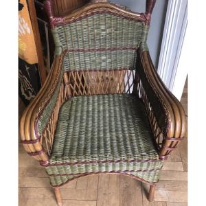 Old Pair Of Armchairs + Magazine Rack In Rattan And Polychrome Bamboo