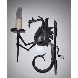 Alessandro Mazzucotelli (1865-1938) (attributed To) Dragon Wrought Iron Wall Lamp