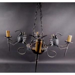 Alessandro Mazzucotelli (1865-1938) (attributed To) Dragons Wrought Iron Chandelier