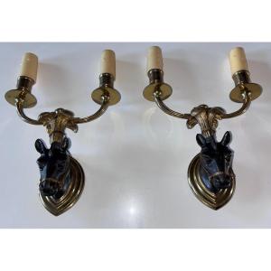 Maison Bagues, Pair Of Horse Wall Lights In Gilded Bronze And Black Patina