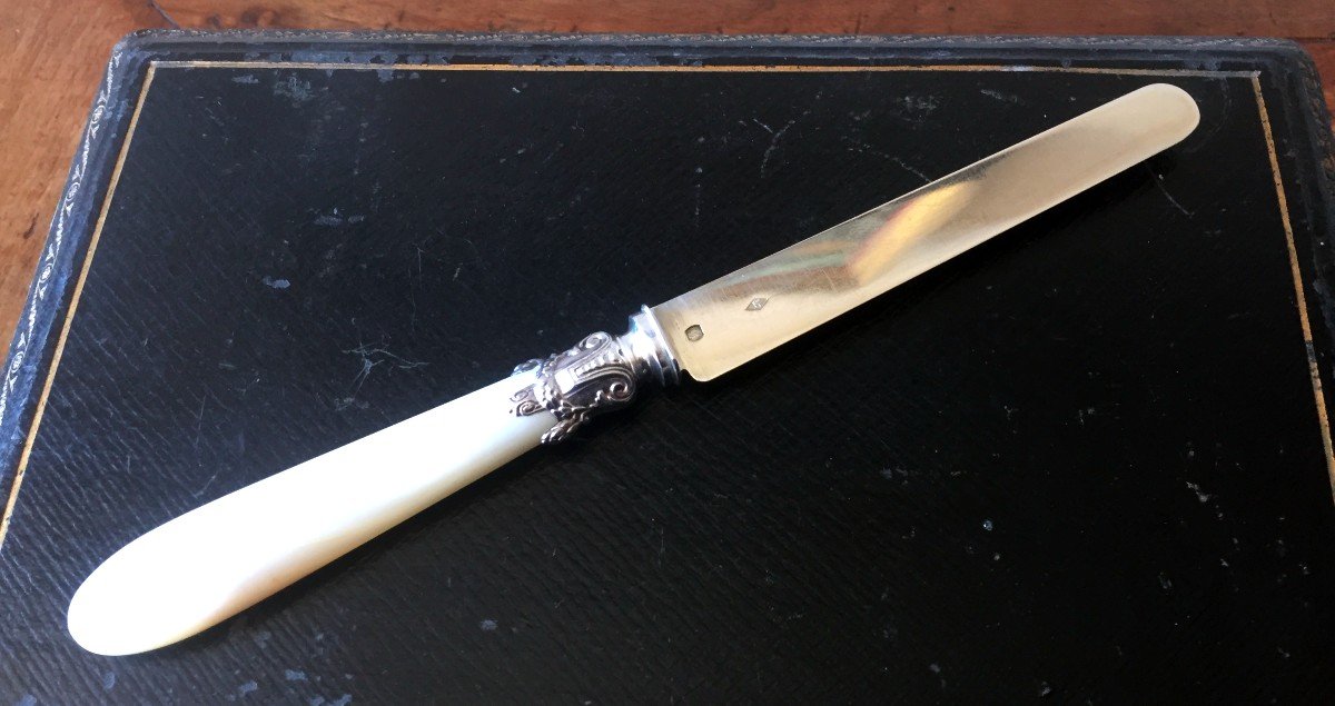 12 Dessert Knives Mother Of Pearl Handle Blade And Ferrule Minerva Hallmark 1st Title-photo-2